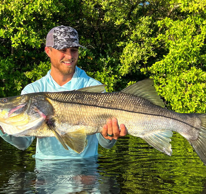 A man holding a large Snook in the water.